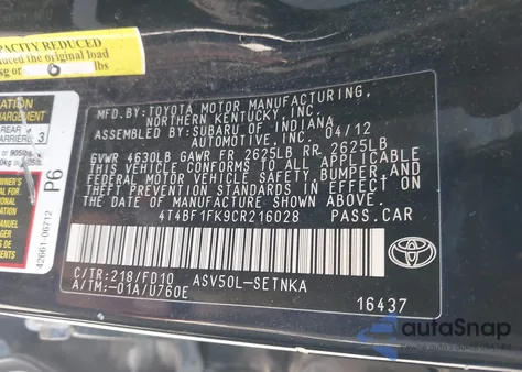 2012 Toyota Camry Le from USA, damaged, VIN 4T4BF1FK9CR216028